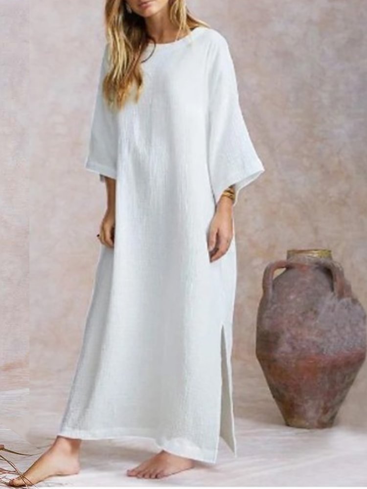 Women's Cotton Linen Loose Round Neck Long Sleeve Hem Slit Maxi Dress