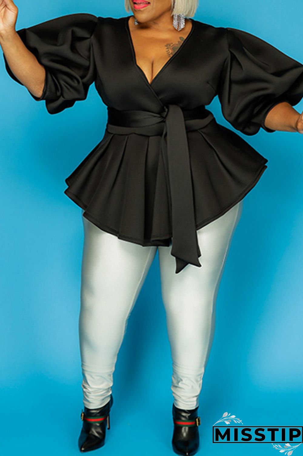 Black Fashion Casual Solid Bandage V Neck Plus Size Tops