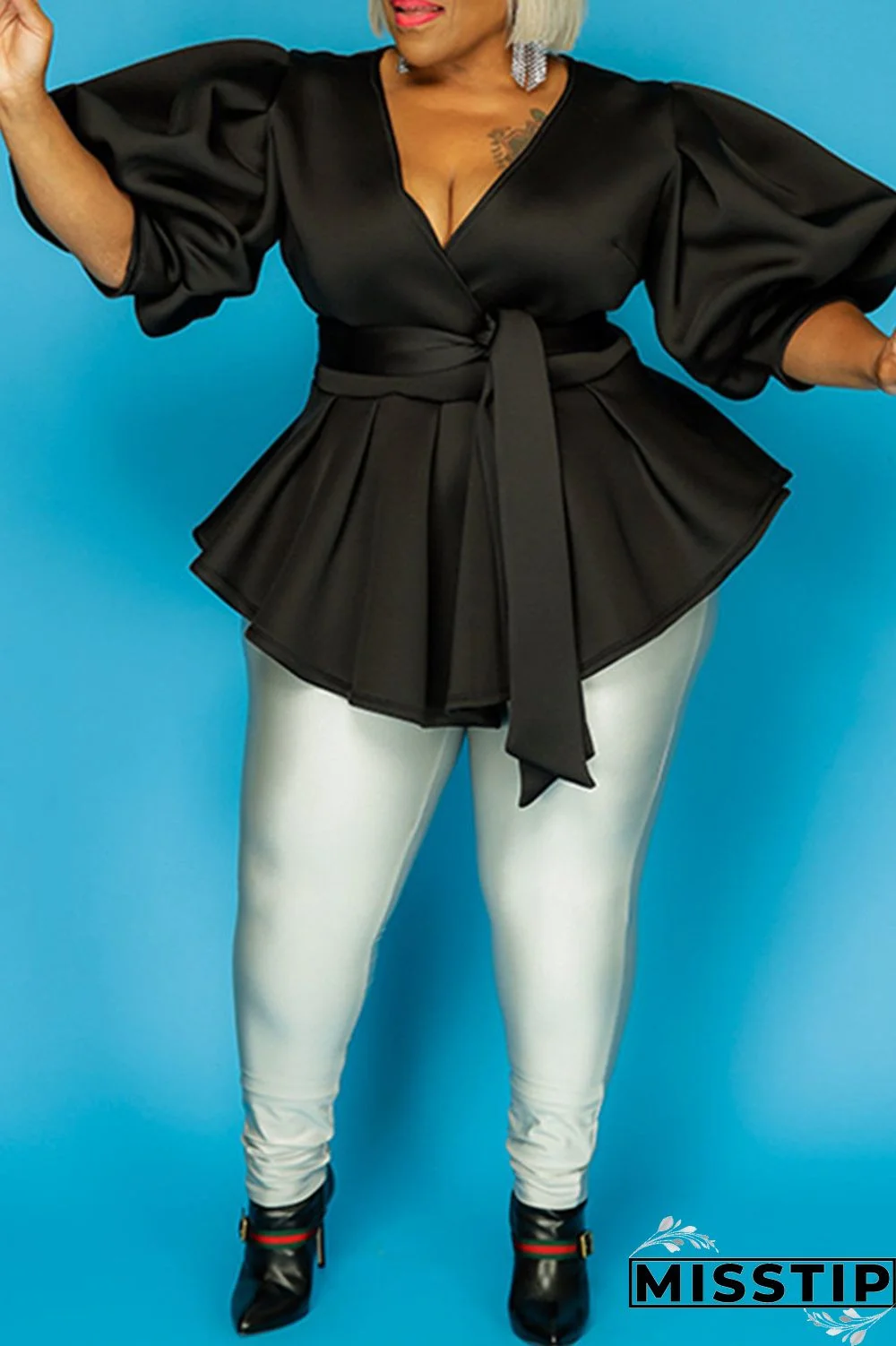 Black Fashion Casual Solid Bandage V Neck Plus Size Tops