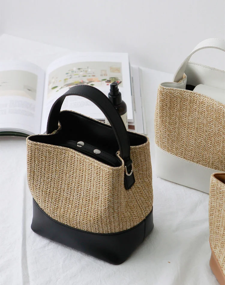Handbags Straw Woven Bucket Bag with Leather Accent