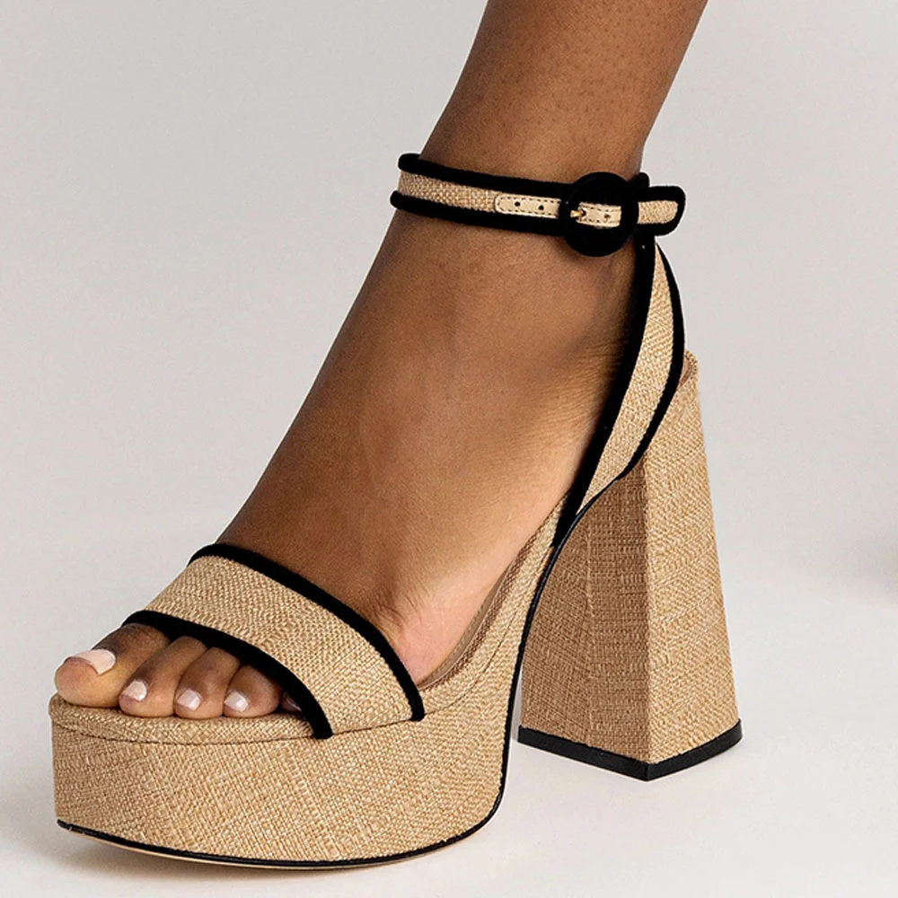 Beige & Black Chunky Heel Buckle Cross Ankle Strap Platform Sandals