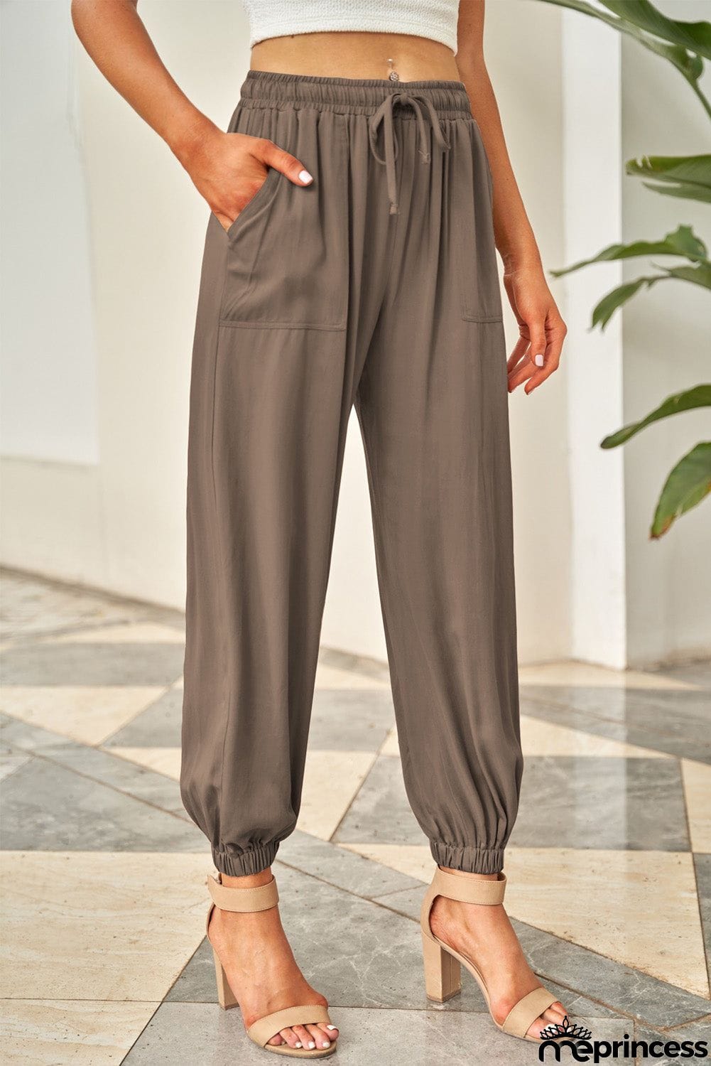Women Brown Drawstring Elastic Waist Pull-on Pockets Casual Pants