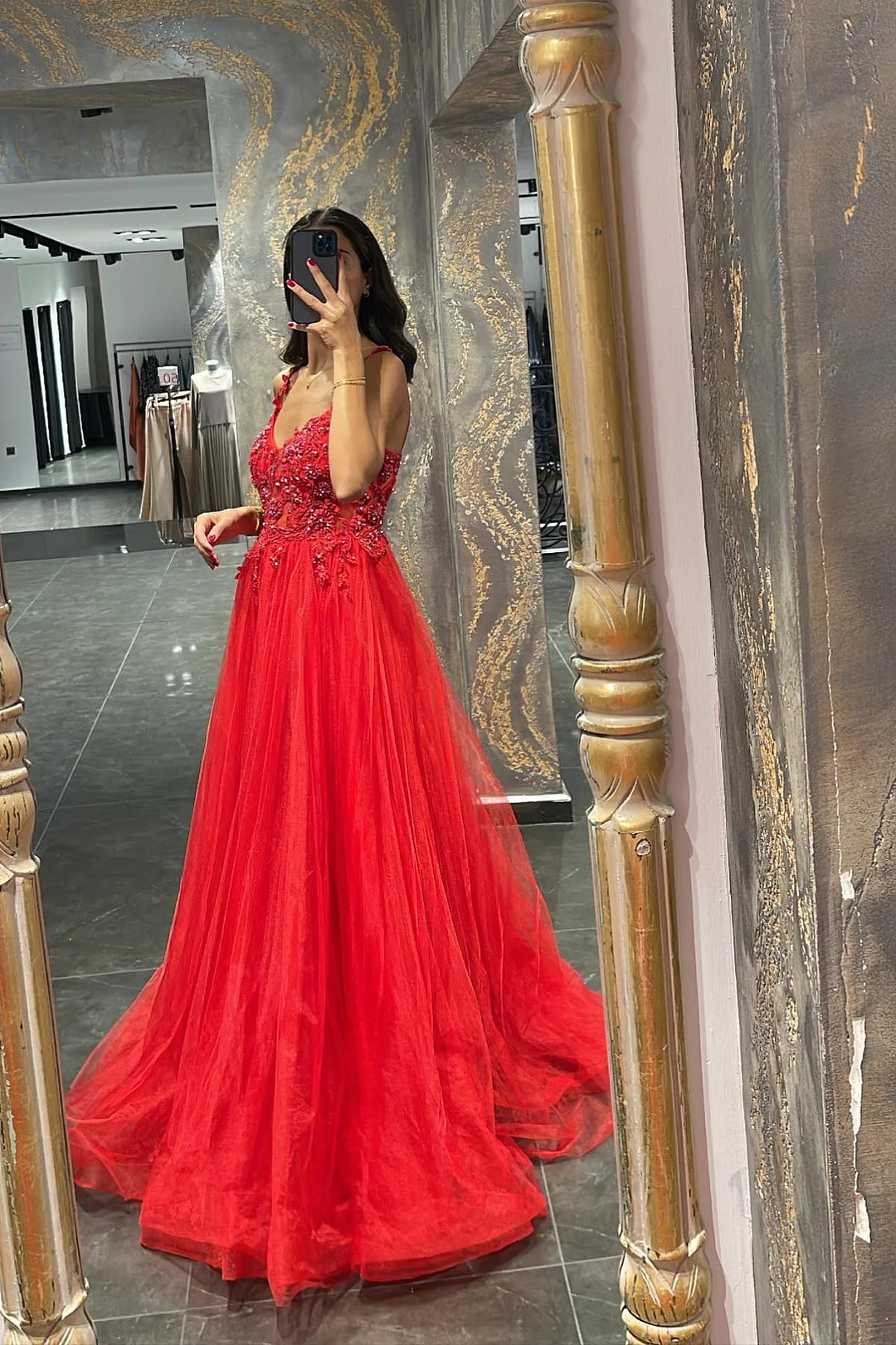 Daisda Mermaid Appliques Prom Dress With Beadings Spaghetti-Straps Elegant