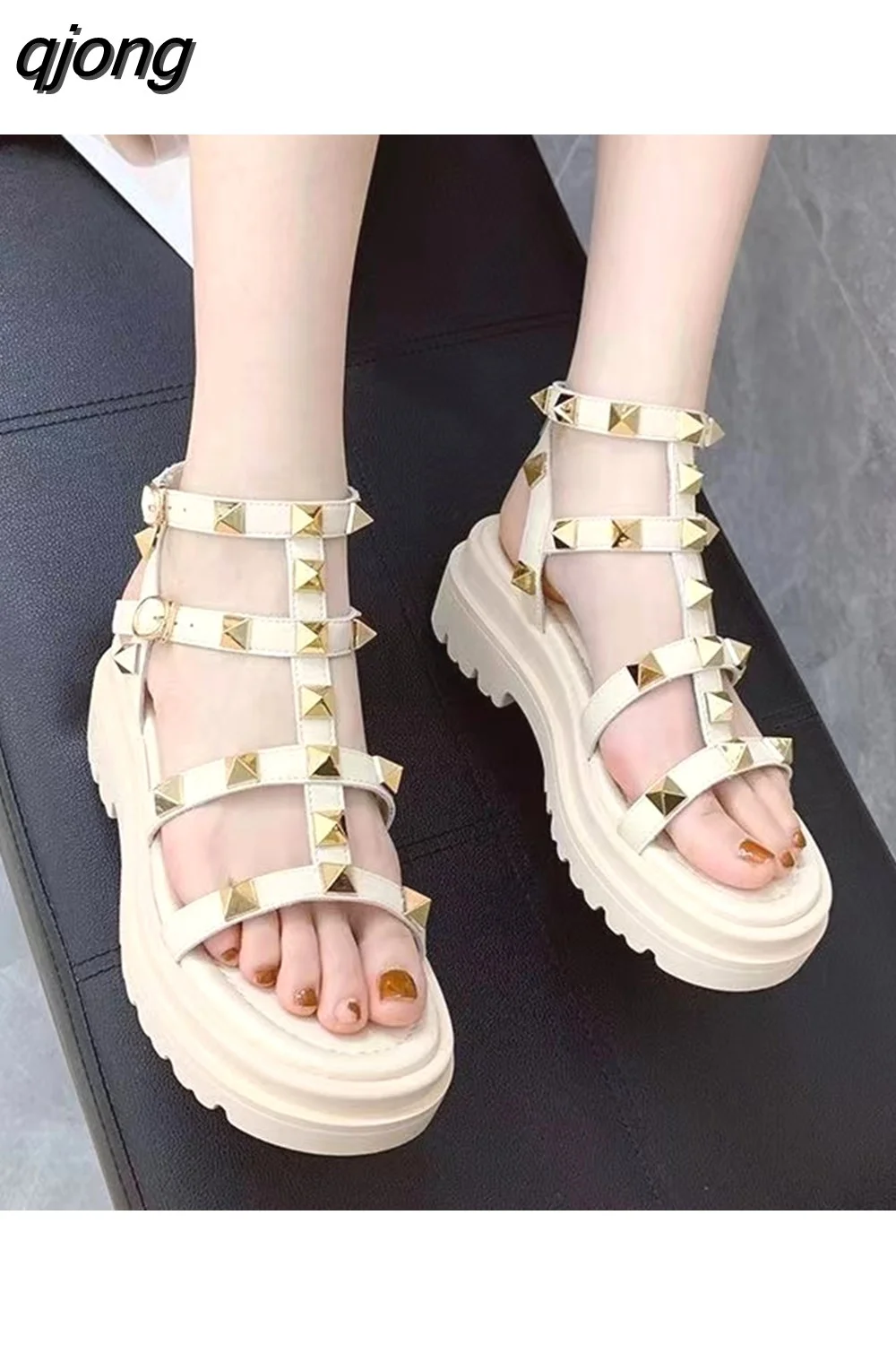 qjong Fashion Rivet Sandals Women Summer New Low-heel Roman-style Flat Womens Shoes Heels Women Open Toe Platform Sandals