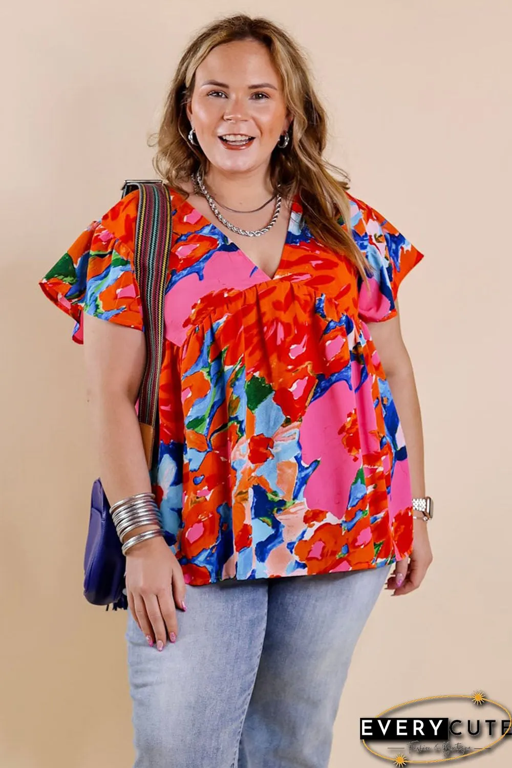 Red Abstract Floral Print V Neck Plus Blouse