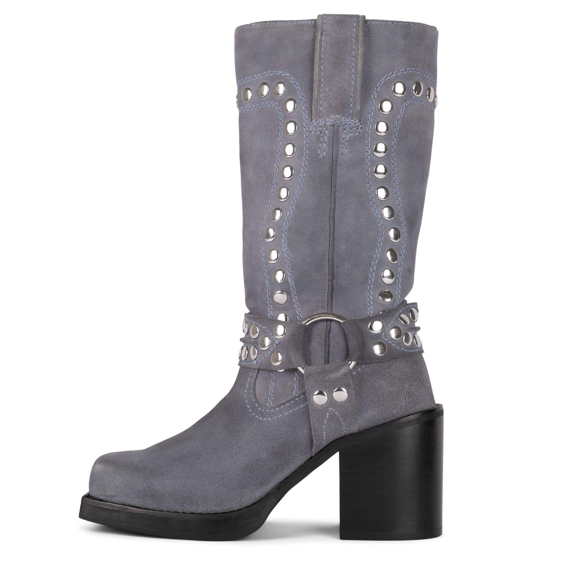 VCSHOES Suede Knee High Boots Square Toe Wedge Boots Buckle Strap Rivet Ankle Boots For Women