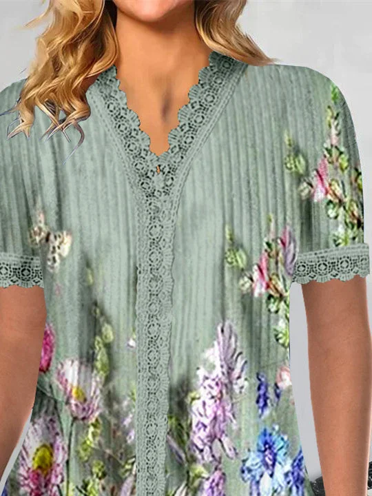 Women Short Sleeve V-neck Floral Printed Printed Graphic Lace Tops