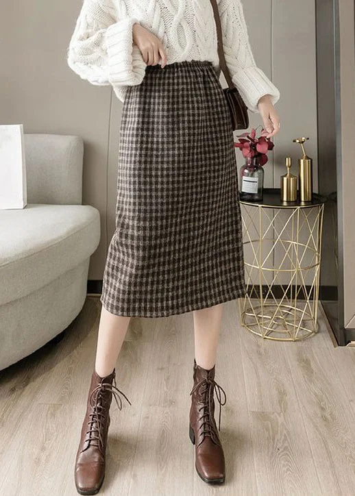 French Coffee Plaid Side Open Elastic Waist Woolen Skirts Spring