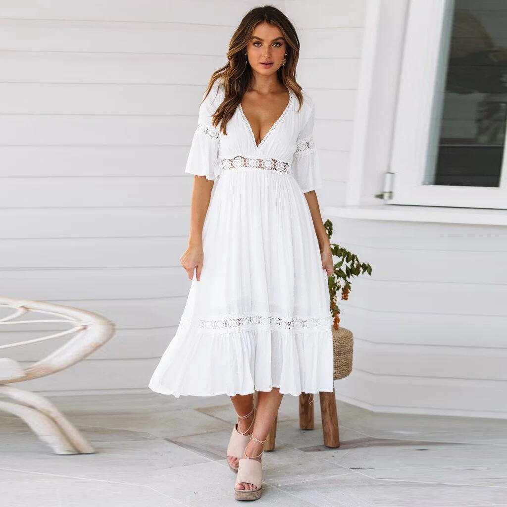 Graduation Gift Summer White Long Dress Women Boho Hollow Out Patchwork Dress Short Sleeve V-neck Loose Dress Fashion Casual Elegant Woman Dress