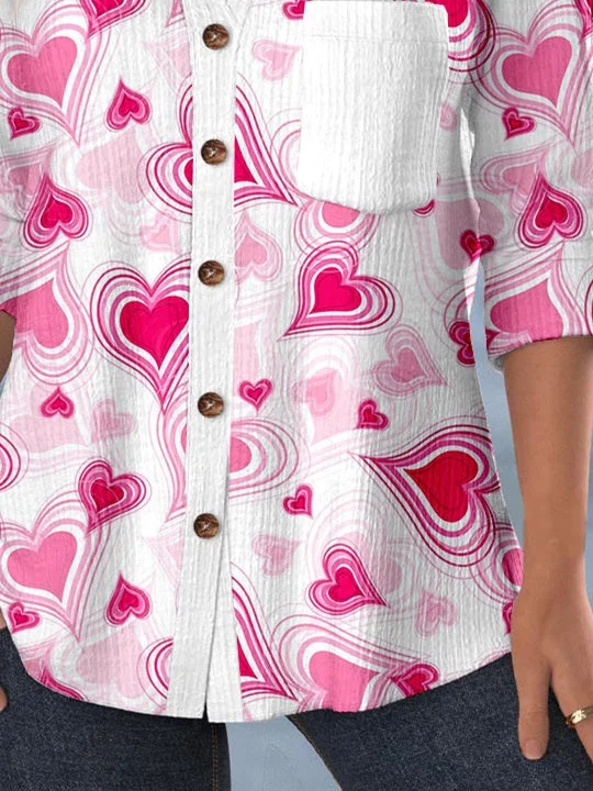 Women Long Sleeve Shirt Collar Love Printed Graphic Lace Button Pockets Tops