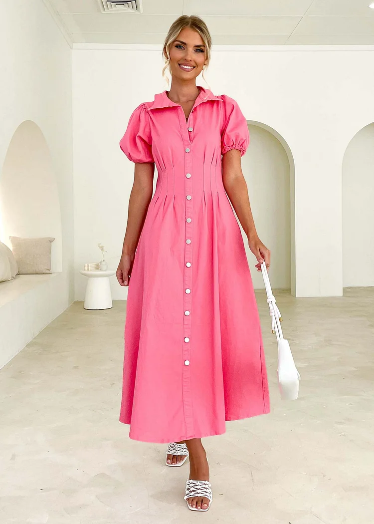 Women’s Summer Solid Color Casual High Waist Collared Button-Up Dress