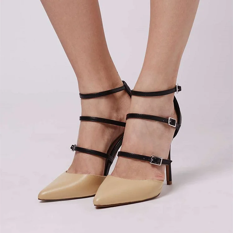 Nude Pointy Toe Sexy Stiletto Heels Buckles Strappy Pumps |FSJ Shoes