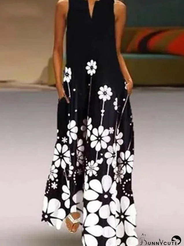 Long Dress Maxi Dress Black Sleeveless Floral Print Spring Summer V Neck Hot Loose Fit S M L XL XXL 3XL 4XL 5XL for Women