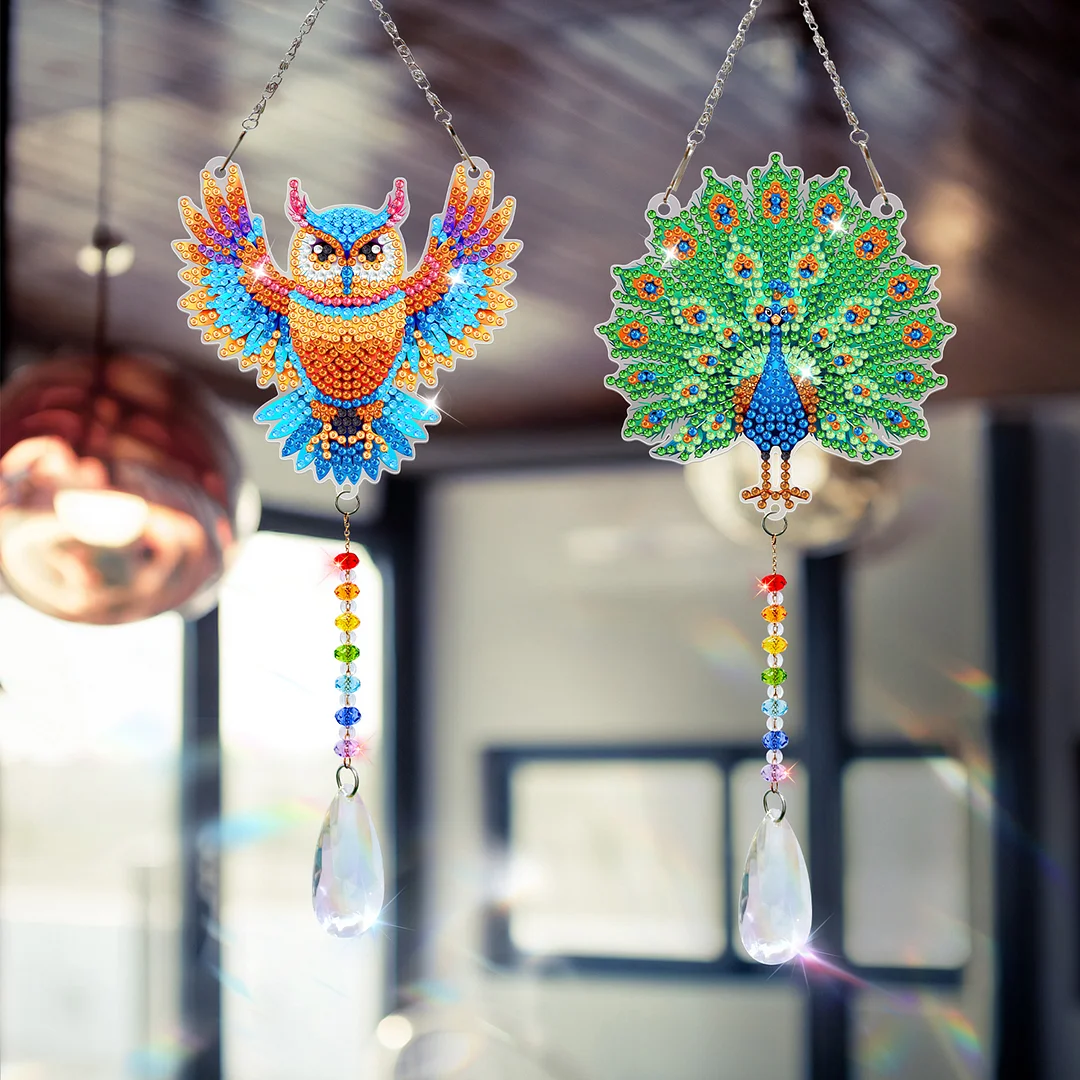 2Pcs Owl Peacock DIY Double-Sided Diamond Painting Hanging Kits Diamond Painting Suncatcher Craft Kit for Home Garden Wall Decor Gift