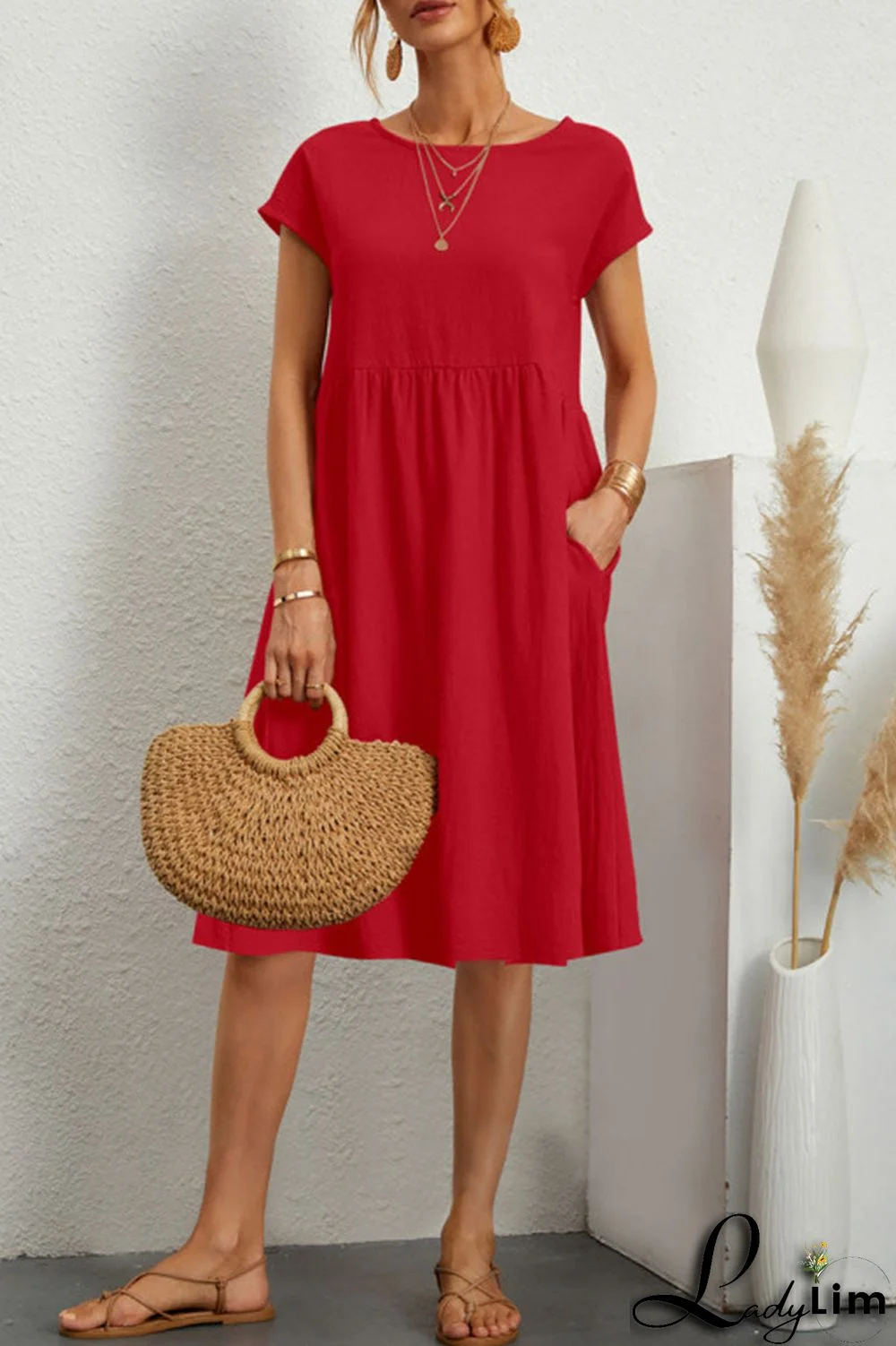 Casual Solid Patchwork O Neck A Line Short Sleeve Dress(11 colors)