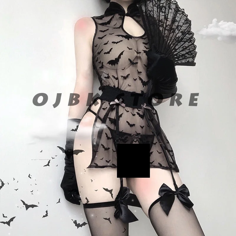 Womens Lingerie Gothic See Through Cosplay Costumes Bat Pattern Anime Sleepwear Sexy Outfit Erotic Night Wear Lace Pajamas New