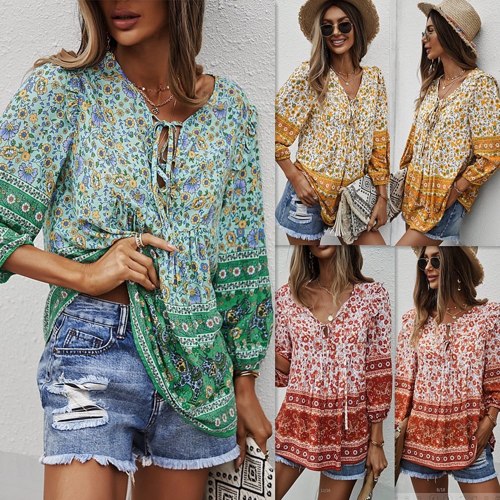 Shecustoms™ Summer Women Boho V Neck Long Sleeve Loose Top Floral Printed Shirts