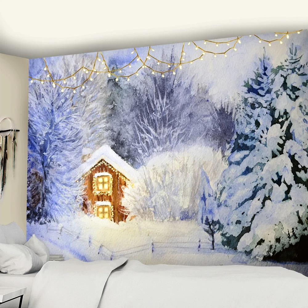 Christmas Village Wooden House Tapestry Ice And Snow Style Wall Hanging Merry Christmas Tapestry For Home Deco Christmas Gift