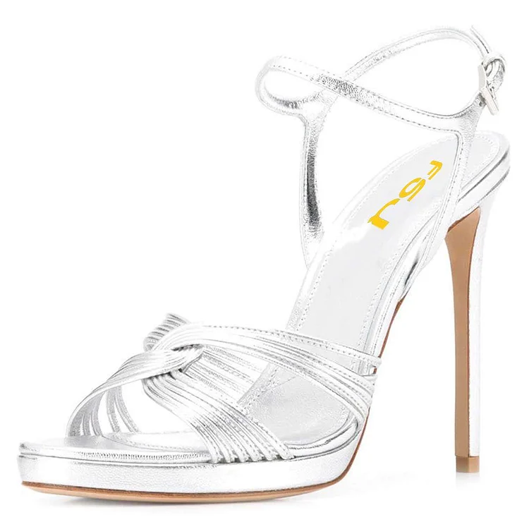 Silver Stiletto Heels Open Toe Slingback Sandals with Platform |FSJ Shoes