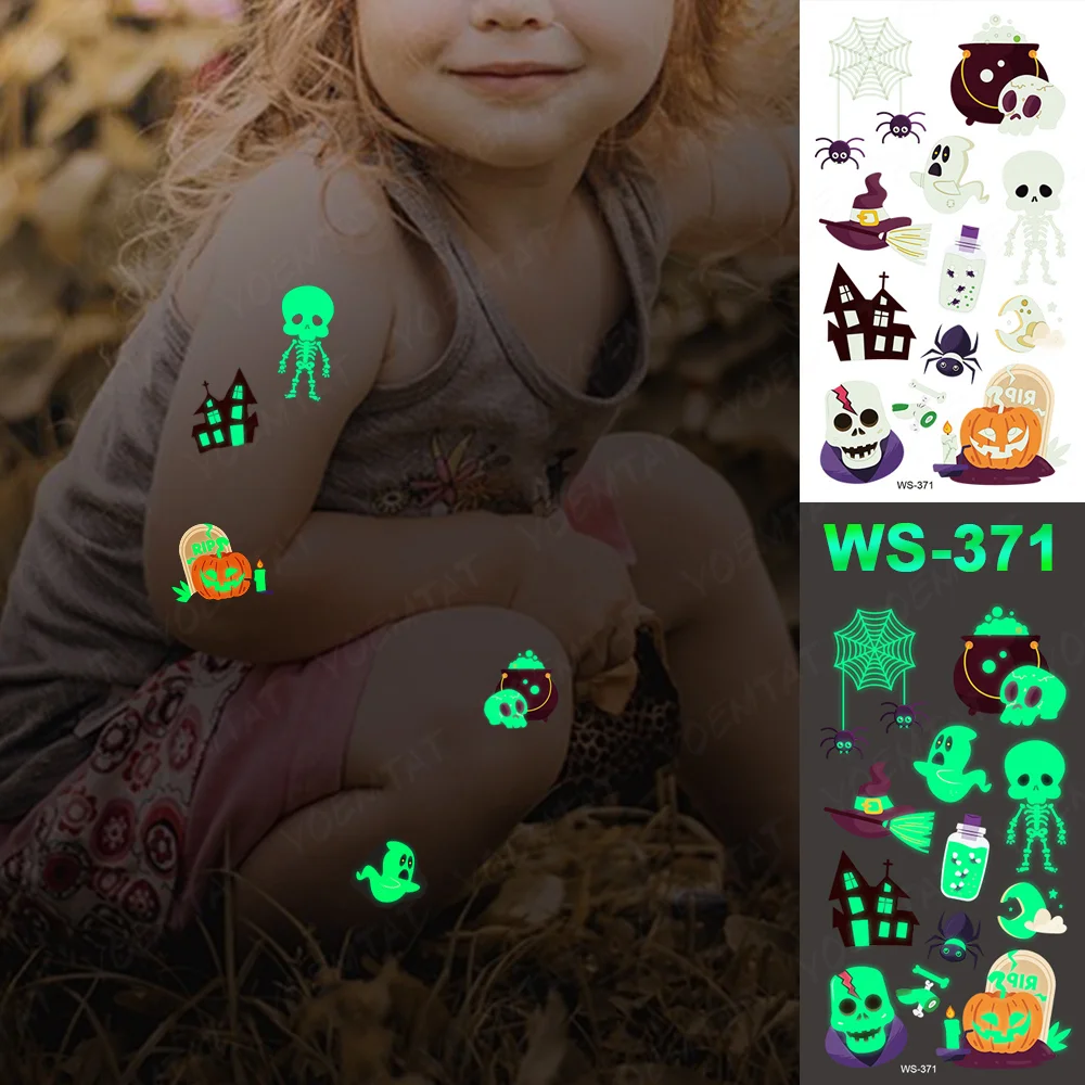 Sdrawing Temporary Luminous Tattoo Sticker Waterproof Pumpkin Skull Tatoo Arm Glowing Tattoos On Child Halloween Party Decor