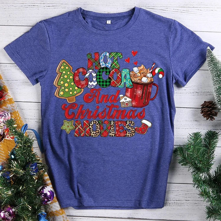 Christmas Hot Cocoa and Movies Round Neck T-shirt-0018583