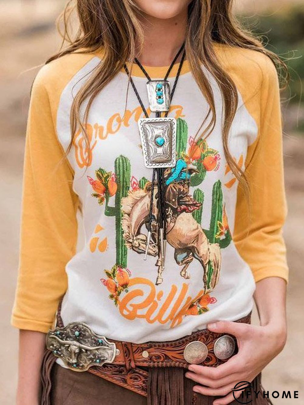 3/4 Sleeve Cotton-Blend Crew Neck Printed T-shirt | IFYHOME