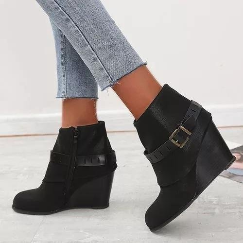 Women's Buckle Zipper Ankle Boots Closed Toe Wedge Heel Boots -boots