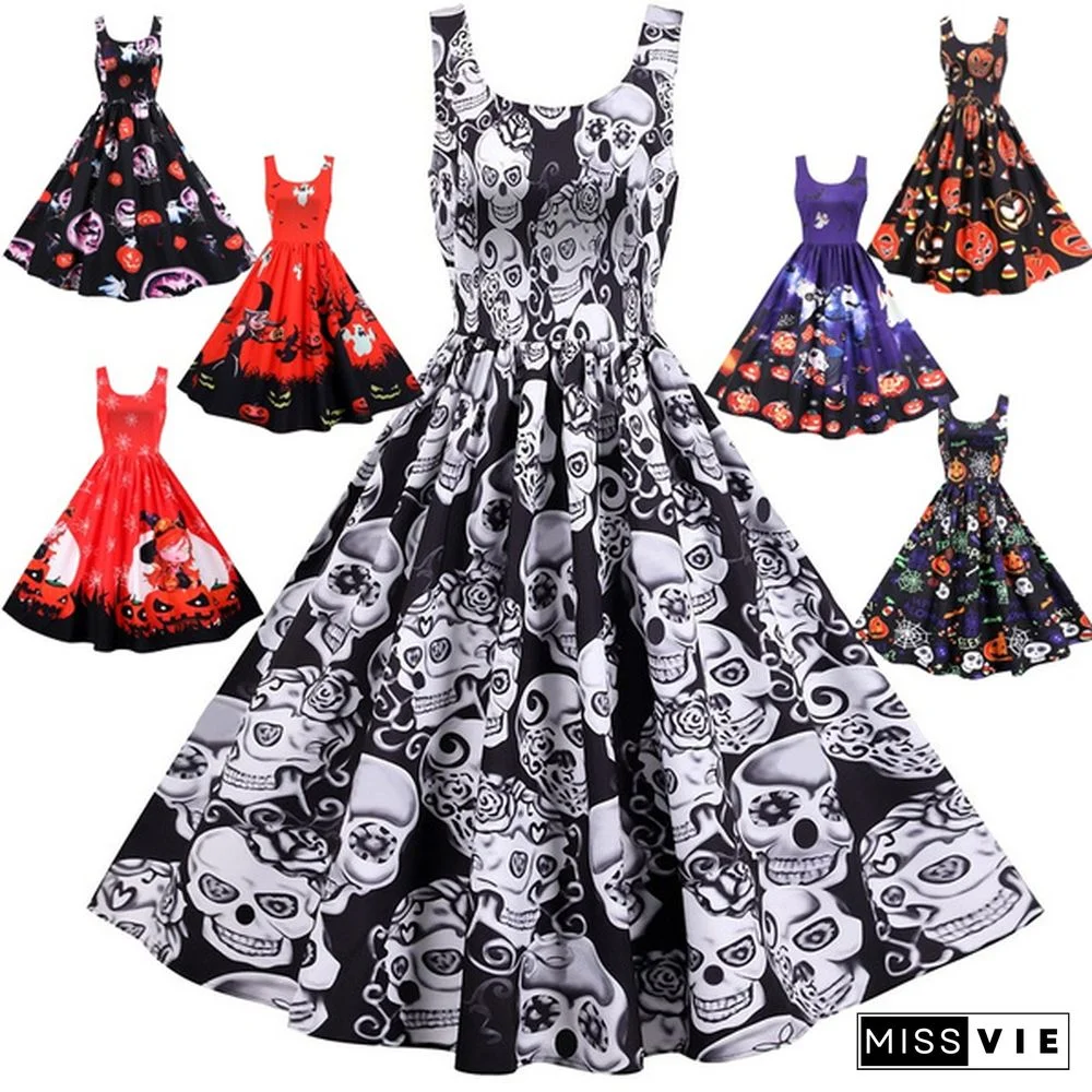 Women Halloween Party Dress Sleeveless Skull Pumpkin Printed Swing Dress