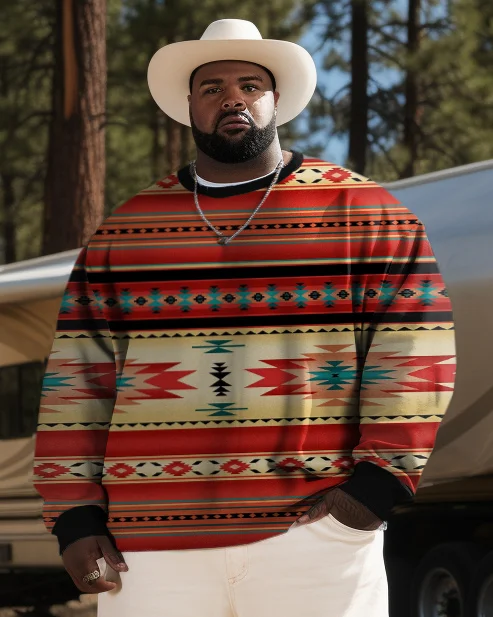 Men's Plus Size Western Ethnic Color Block Diamond Round Neck Long Sleeve Sweatshirt