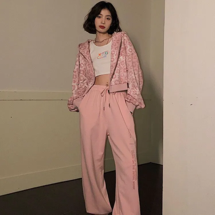 Women's Y2K Pink Leopard Print Cropped Zip Up Hoodie Long Sleeve Crop Sweatshirt