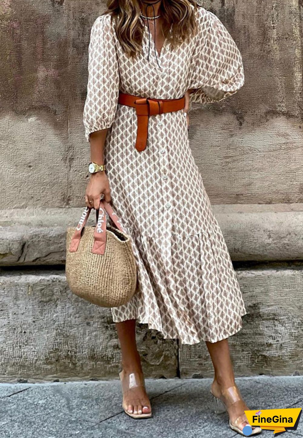 Geometric Print Puff Sleeve Shirtdress with Tie Waist Detail