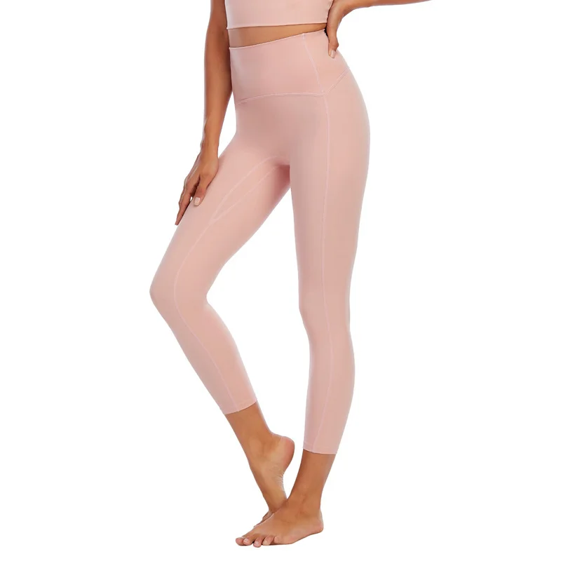 Women's nude fitness pants high-waisted peach pants stretch tights yoga sports running nine minutes pants - Rose Toy