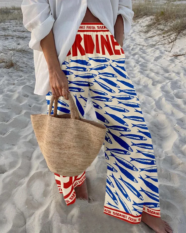 Retro vacation fish print shirt and trousers