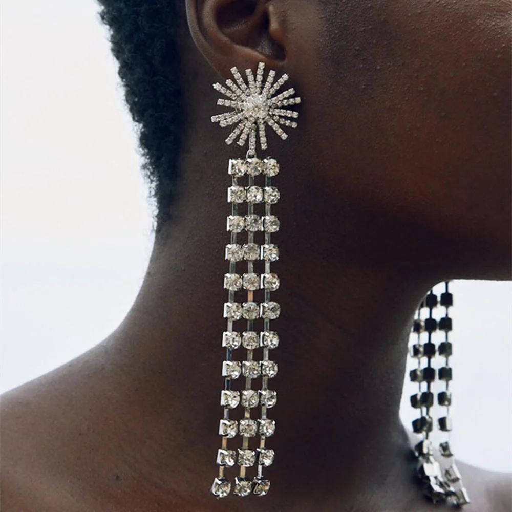 Rhinestone Sun Flower Long Tassel Drop Earrings Wedding Jewelry for Women