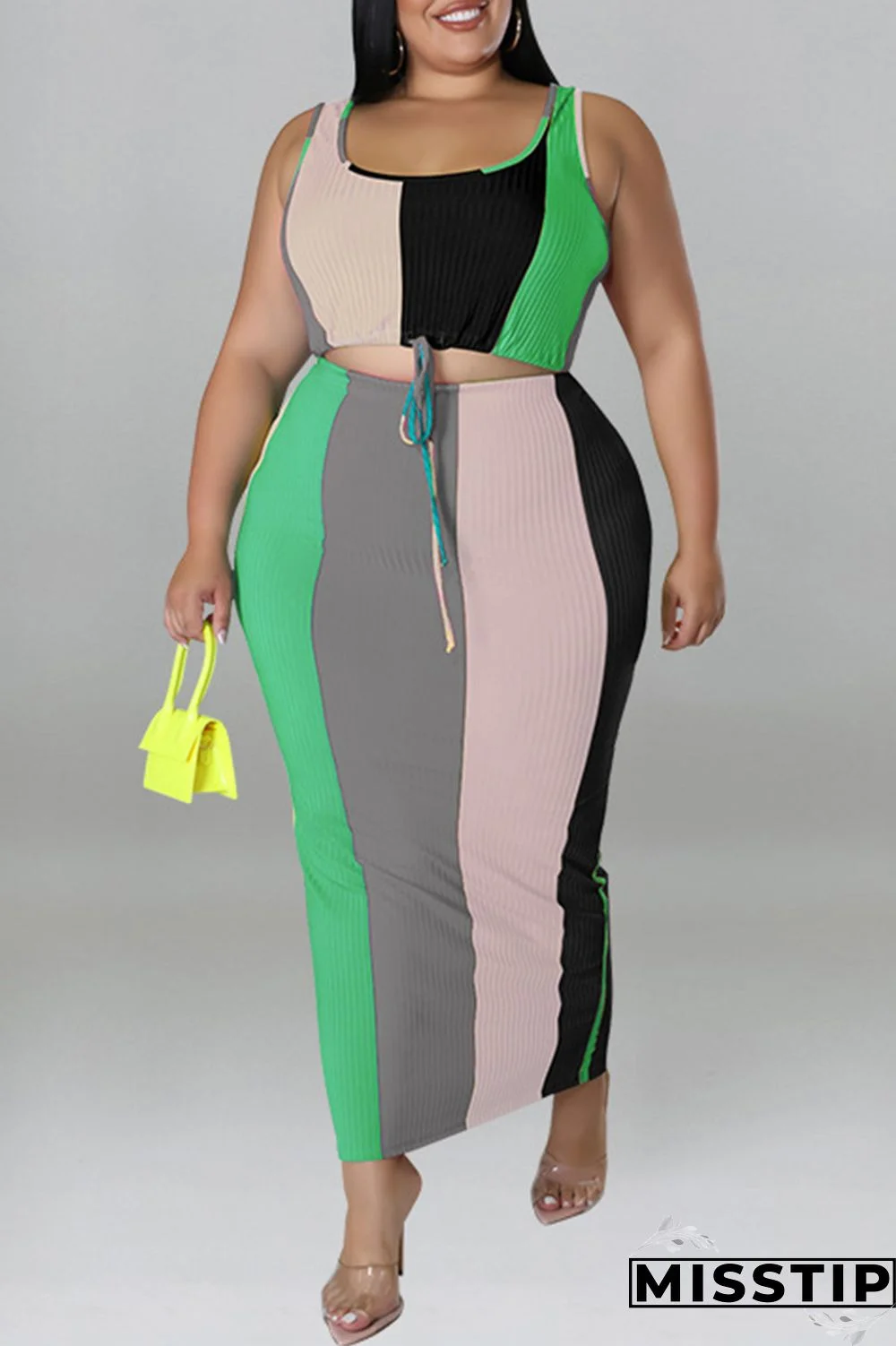 Blue Fashion Casual Striped Print Patchwork Contrast U Neck Plus Size Two Piece Set