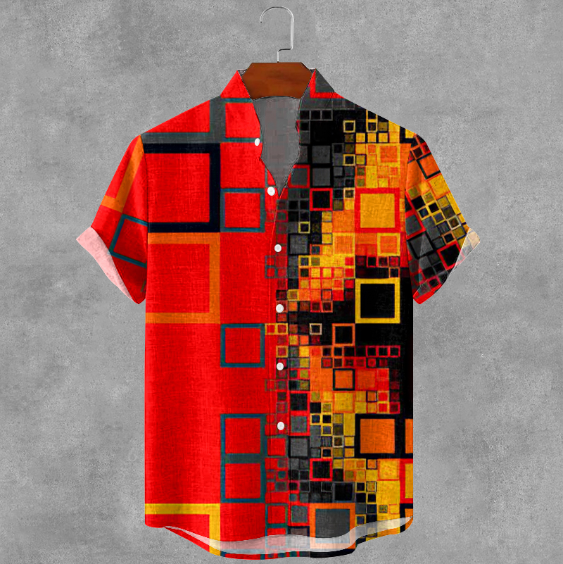 Men's High Quality Abstract Art Geometry Print Linen Blend Cozy Shirt  artssus