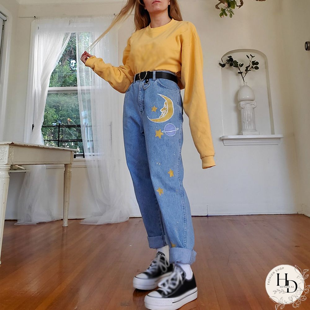 Fashion Printed Color High-Waist Jeans