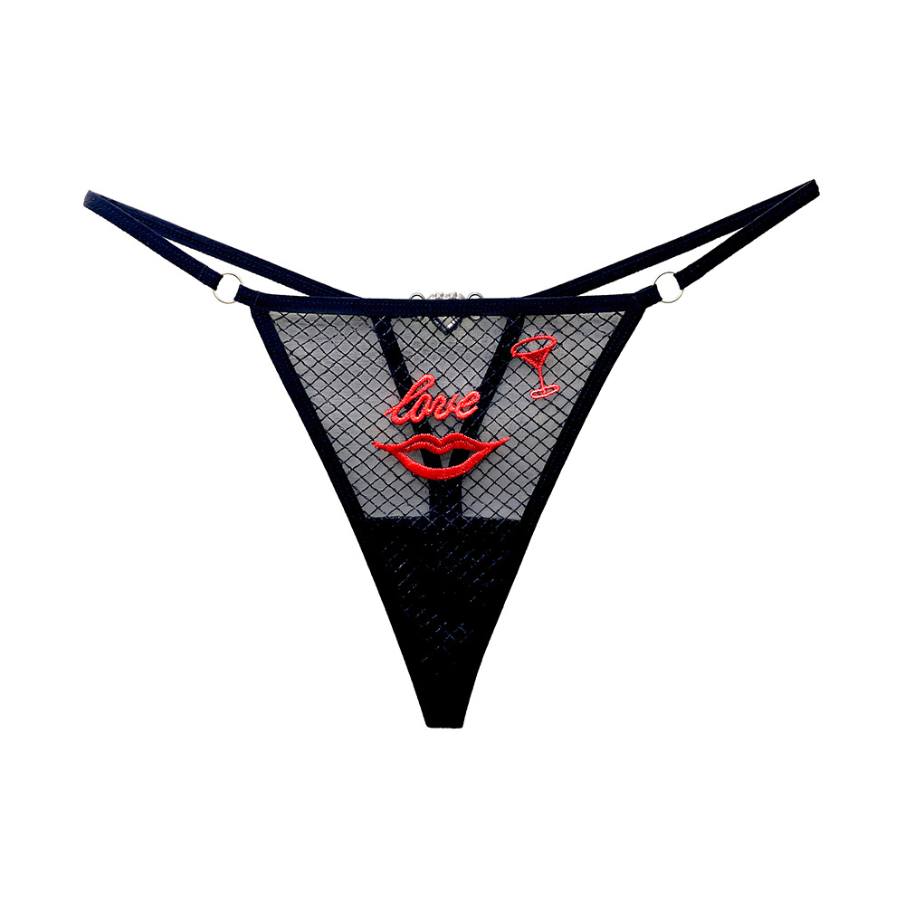Lovingerie - "Love" Red Lips Sexy Embroidery Mesh Women Thong with Diamonds