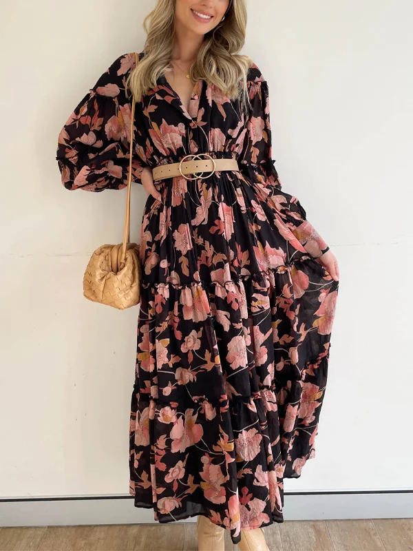 Long-sleeve botanical floral-print maxi dress