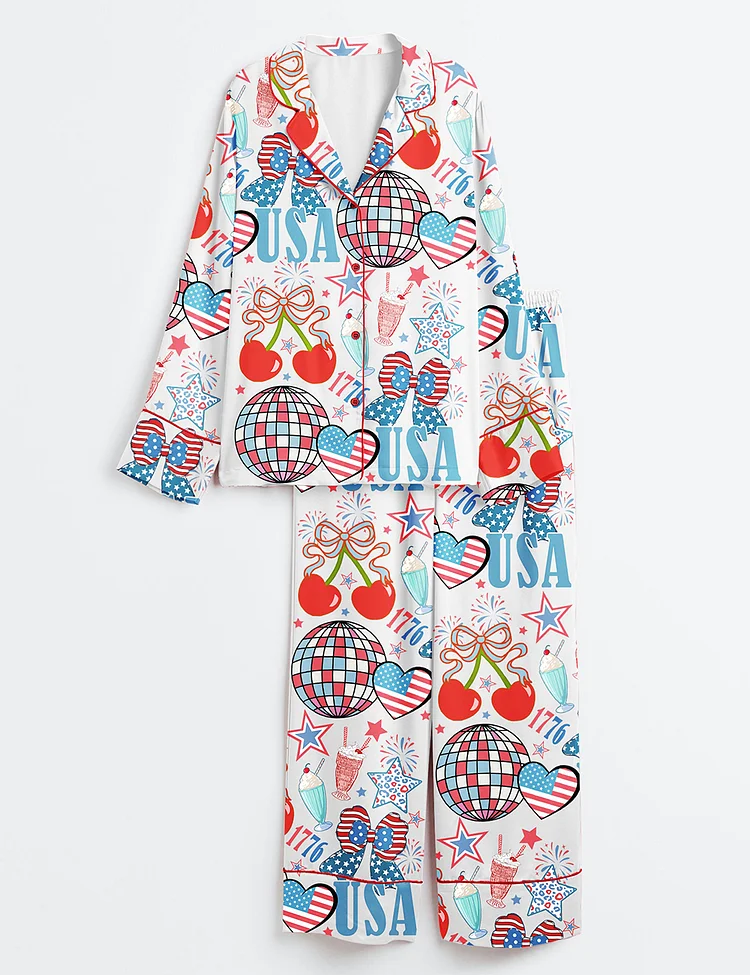 Women&rsquo;s 4th Of July 1776 Patriotic Cherry Bow America Coquette Wine Long Sleeve Satin Pajama Set