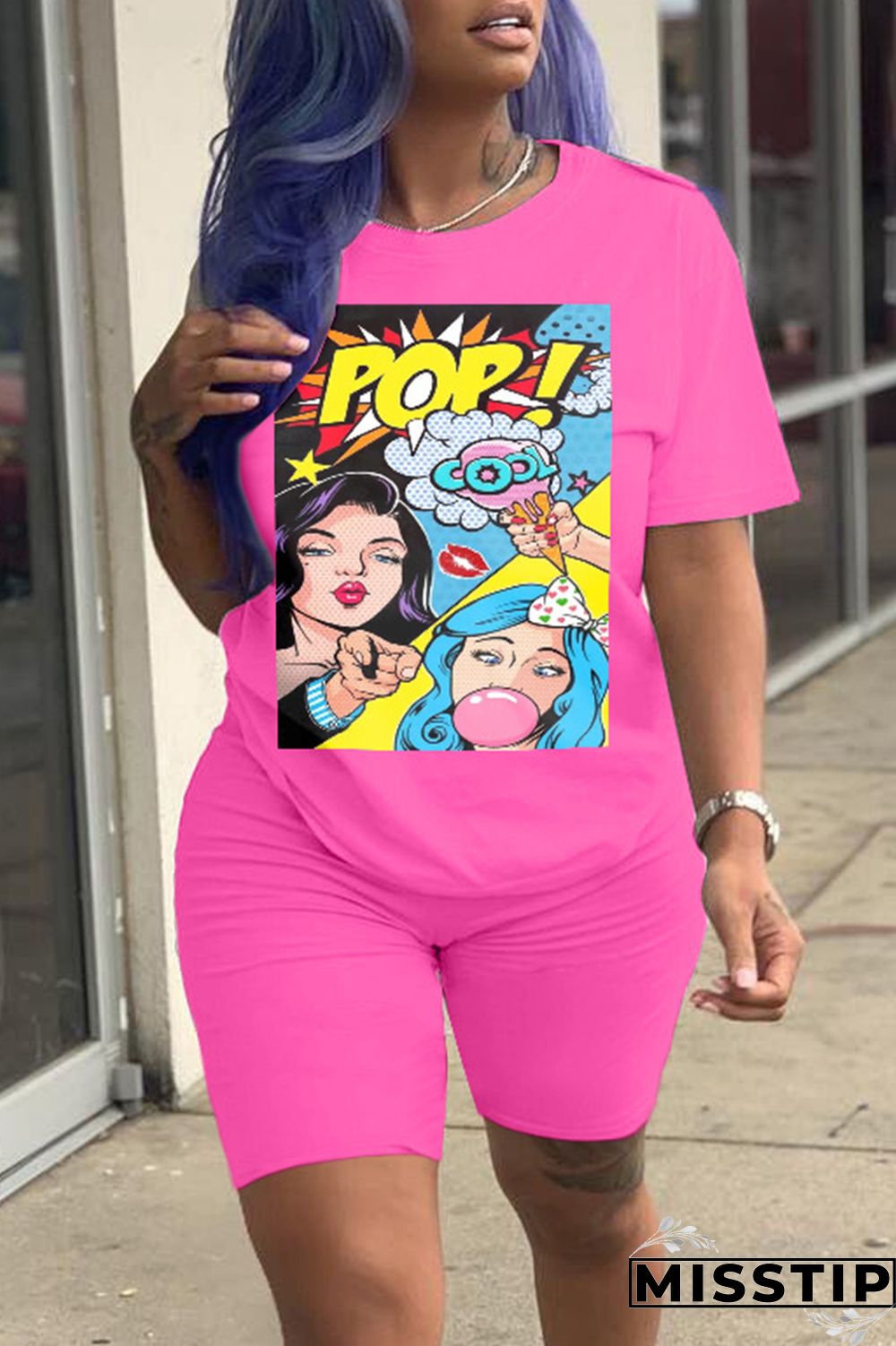 Fluorescent Green Fashion Casual Print Basic O Neck Short Sleeve Two Pieces