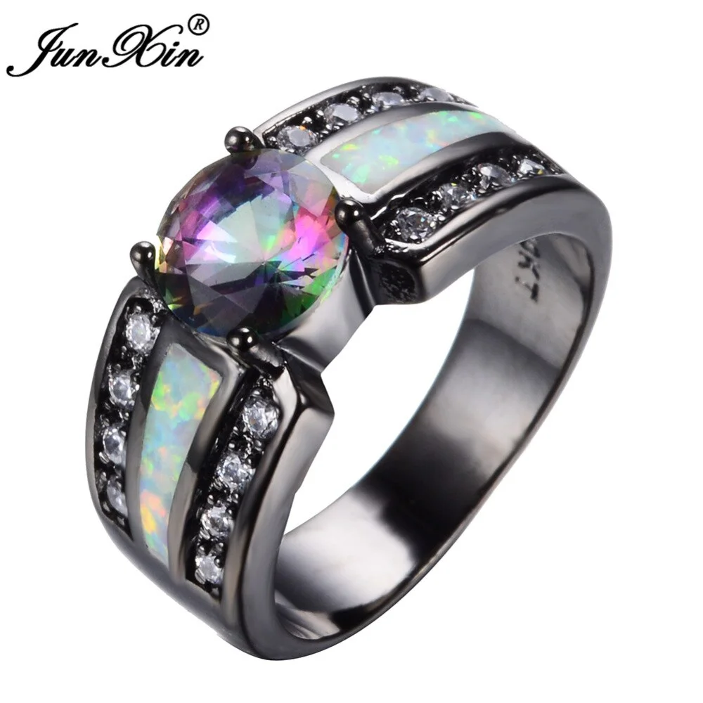 JUNXIN Rainbow Colour Female Opal Ring Black Gold Filled Jewelry Natural Stone Wedding Rings For Men And Women Bijoux
