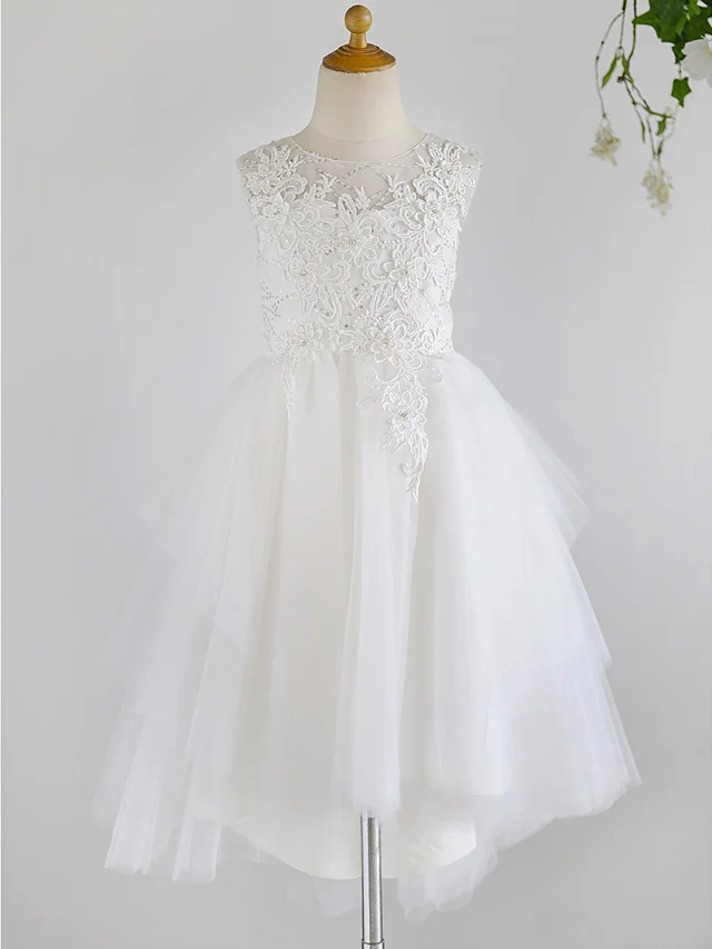 Daisda Sleeveless Jewel Neck Ball Gown Flower Girl Dress Lace Tulle With Beading