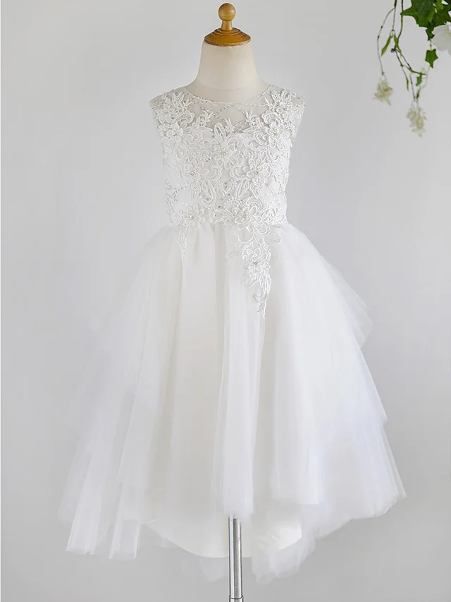 Hellodresses Sleeveless Jewel Neck Ball Gown Flower Girl Dress Lace Tulle With Beading