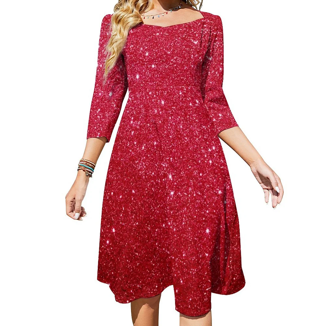 Chic Cute Bright Red Glitter Pattern Dress Sweetheart Tie Back Flared 3/4 Sleeve Midi Dresses