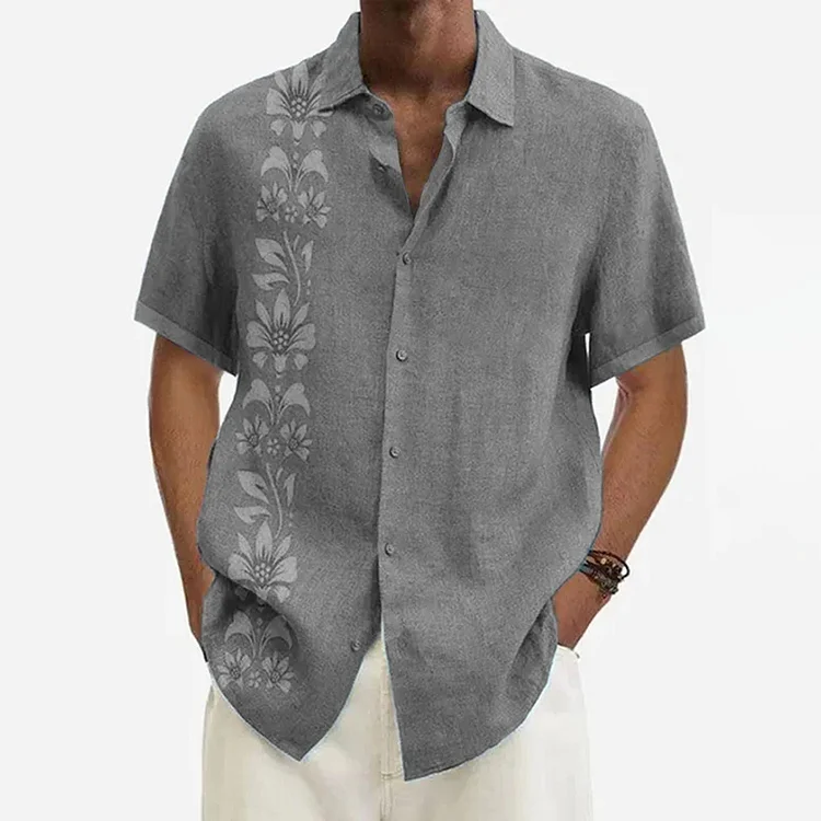 BrosWear Men's Vintage Floral Print Cotton Linen Short Sleeve Bowling Shirt