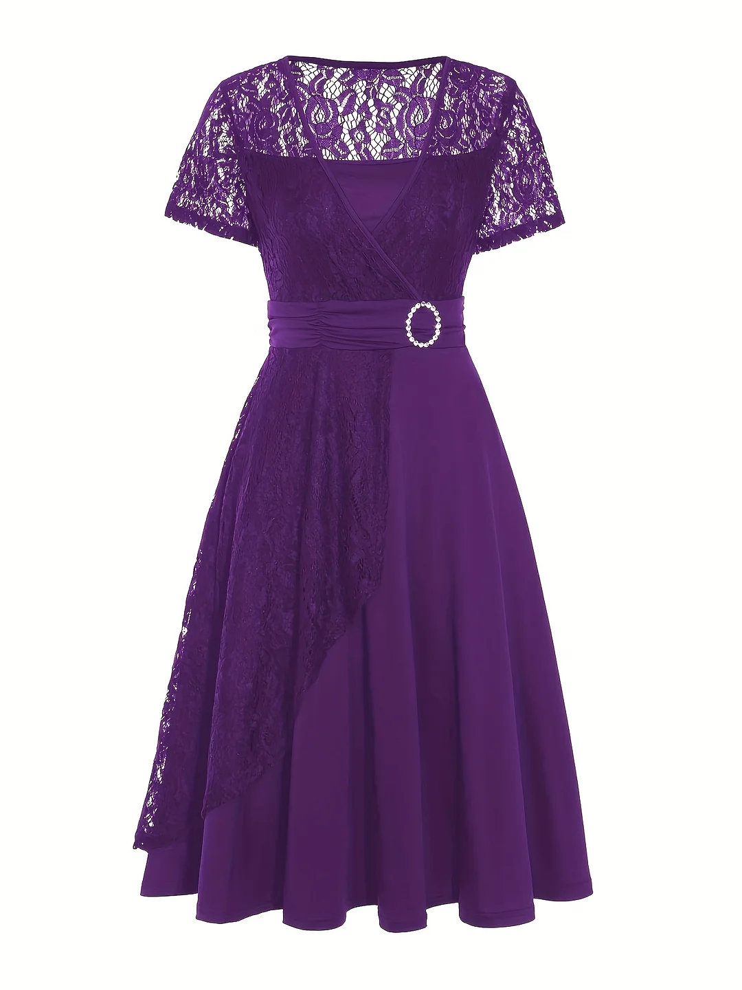 Purple Midi Dress | Elegant V-Neck, Contrast Lace Detailing, Asymmetrical Hem & Belted Waist, Short Sleeve, Polyester Blend For Women, Perfect For Parties & Formal Event | IFYHOME