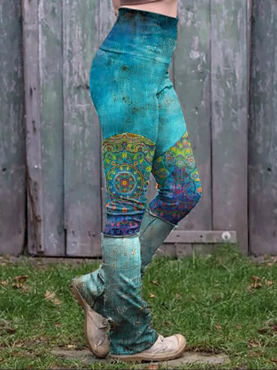 Retro floral print stitched thermal integrated Leggings