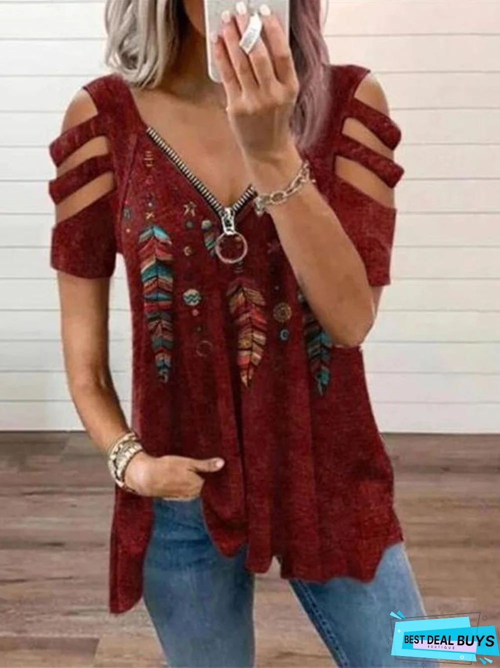 V-neck Zipper Pullover Printed Short Sleeve Loose T-shirt Women's Jacket