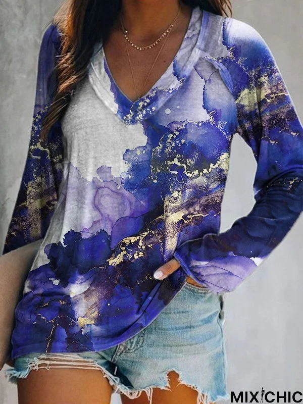 Long Sleeve Casual Printed V Neck T-shirt